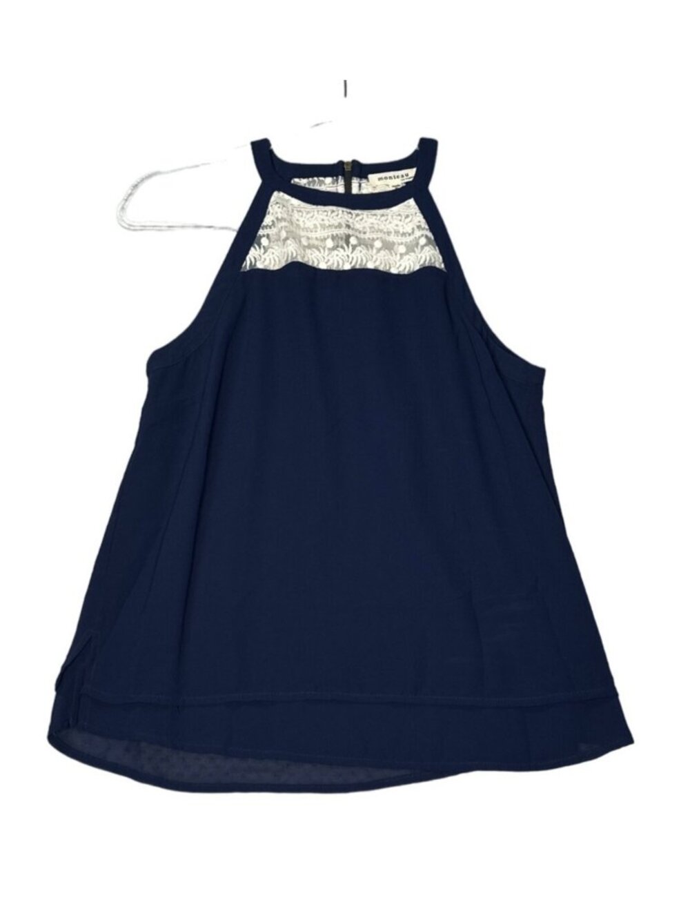 Monteau Blouse Womens Medium Navy Blue Ivory Lace Sleeveless High Neck Top